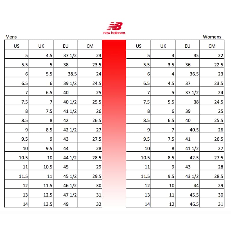 New balance sale size chart australia