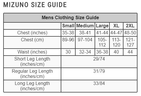 mizuno clothing size guide