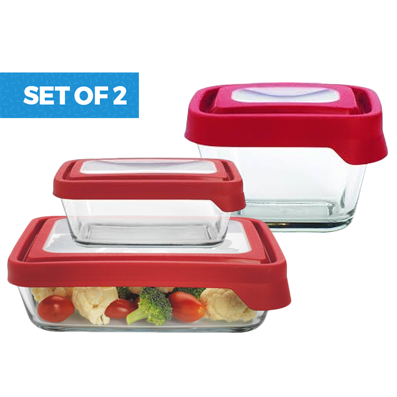 Set of 2 - Rectangular Glass Bowls with Cherry TrueSeal Lid