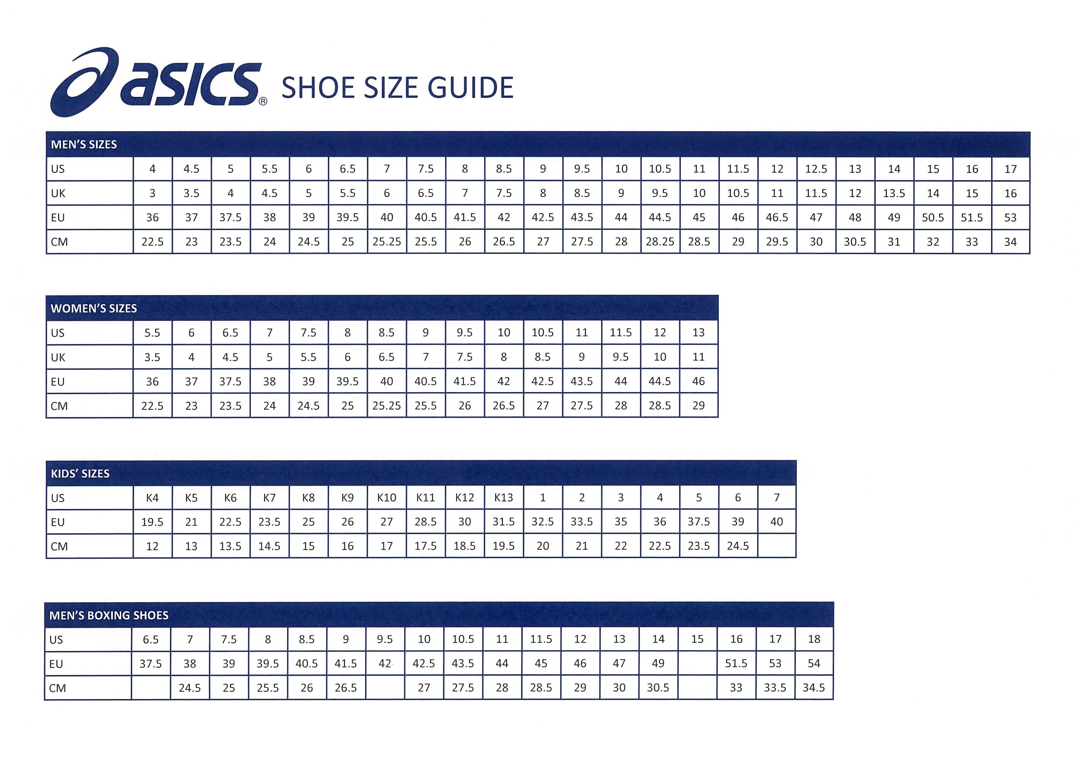 asics trainers size guide