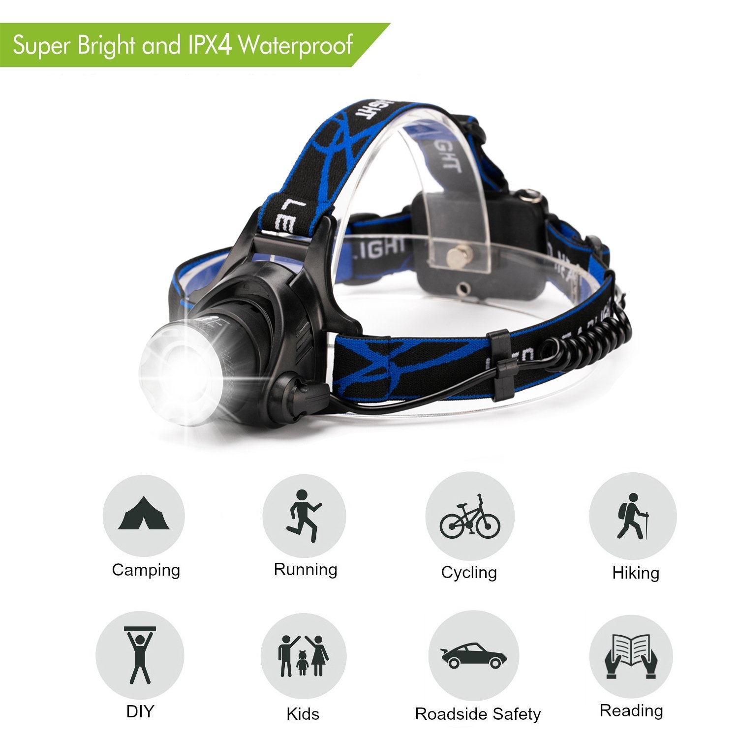 Zooomable Head Torch LED Headlamp 800 Lumens Camping Light