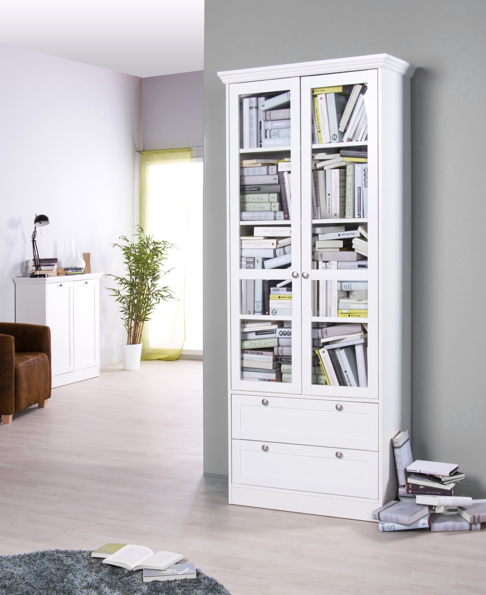 45 Off On Landwood White Glass Door Bookshelf With Drawers