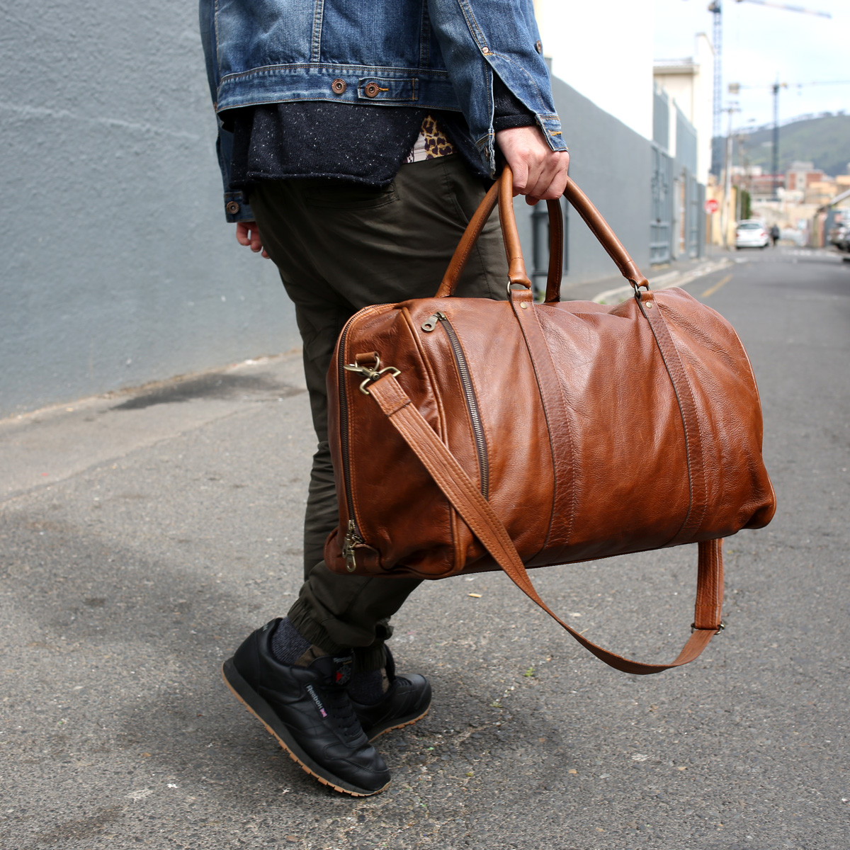 genuine leather duffel bag