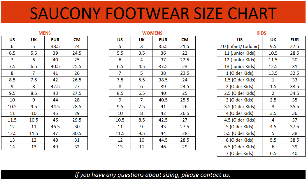 saucony shoe size chart