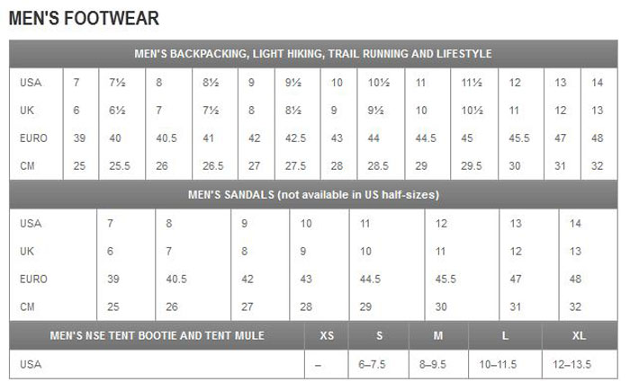 the north face size chart shoes